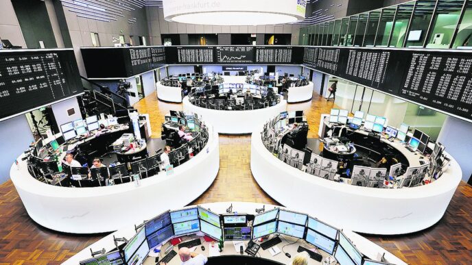 Gráfico da bolsa de Frankfurt (DAX) com alta expressiva, refletindo o bom desempenho dos mercados europeus e o avanço das ações de defesa.