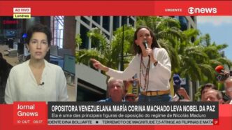 María Corina Machado em manifestação em Caracas em 2024, vencedora do Nobel da Paz.