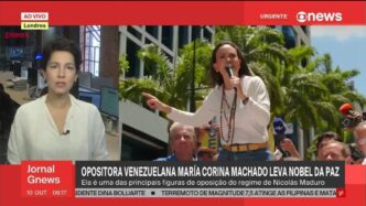 María Corina Machado em manifestação em Caracas em 2024, vencedora do Nobel da Paz.