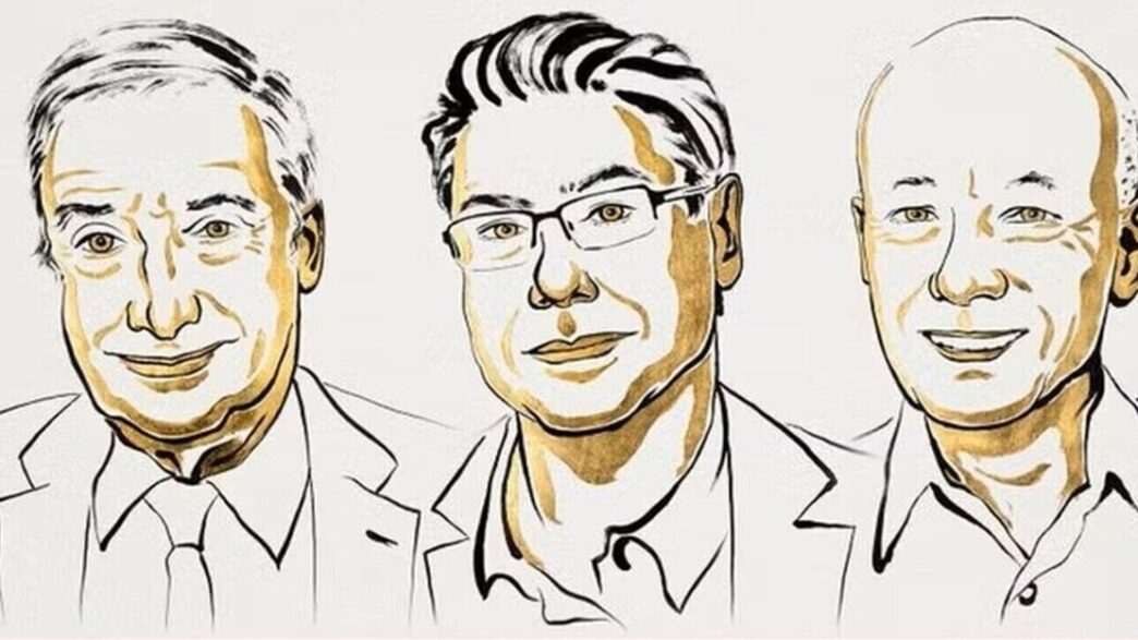 Anúncio dos vencedores do Prêmio Nobel de Economia de 2025 em Estocolmo, na Suécia, destacando Joel Mokyr, Philippe Aghion e Peter Howitt pela inovação.