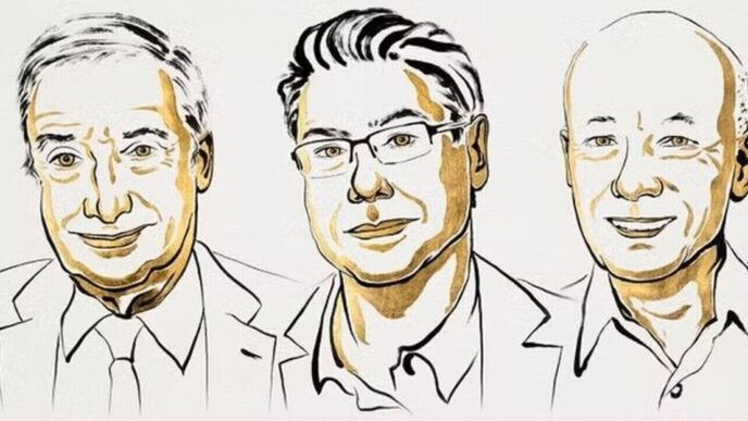 Anúncio dos vencedores do Prêmio Nobel de Economia de 2025 em Estocolmo, na Suécia, destacando Joel Mokyr, Philippe Aghion e Peter Howitt pela inovação.