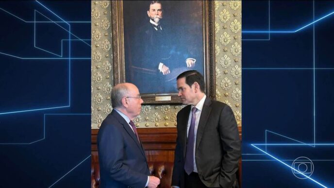 Ministro Mauro Vieira e Secretário Marco Rubio em encontro diplomático, discutindo relações comerciais Brasil-EUA.