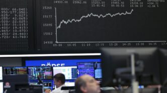 Gráfico mostrando índice de bolsas europeias subindo com alívio nas tensões comerciais entre China e EUA.