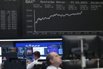 Gráfico mostrando índice de bolsas europeias subindo com alívio nas tensões comerciais entre China e EUA.