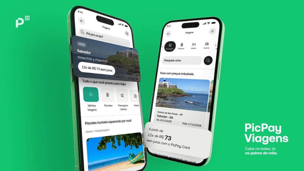 Fachada da loja CVC com clientes, indicando a parceria com o PicPay para um novo hub de viagens.