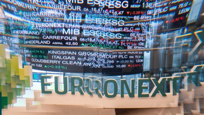 Gráfico com barras representando a alta das bolsas europeias, com destaque para o índice Stoxx 600.