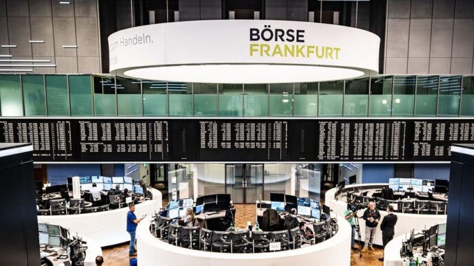 Gráfico da bolsa europeia em alta com influência das tensões comerciais.