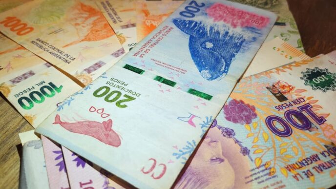 Notas de peso argentino em contagem, indicando a desvalorização da moeda e o acordo de swap entre EUA e Argentina.