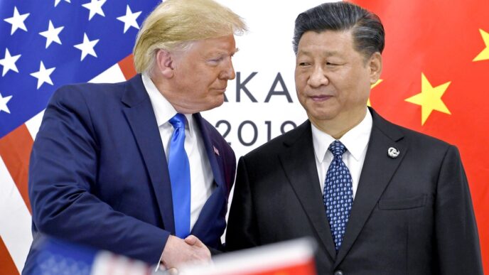 Encontro entre Donald Trump e Xi Jinping, simbolizando as relações comerciais entre EUA e China e o impacto nas bolsas globais.