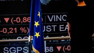 Gráfico indicando queda nas bolsas europeias, com foco em ações de tecnologia e temporada de balanços.