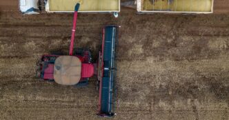 Plantação de grãos com aplicação de fertilizantes no Brasil.