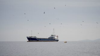 Navio de carga em operação marítima internacional.