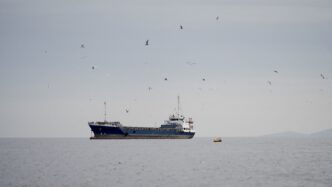 Navio de carga em operação marítima internacional.
