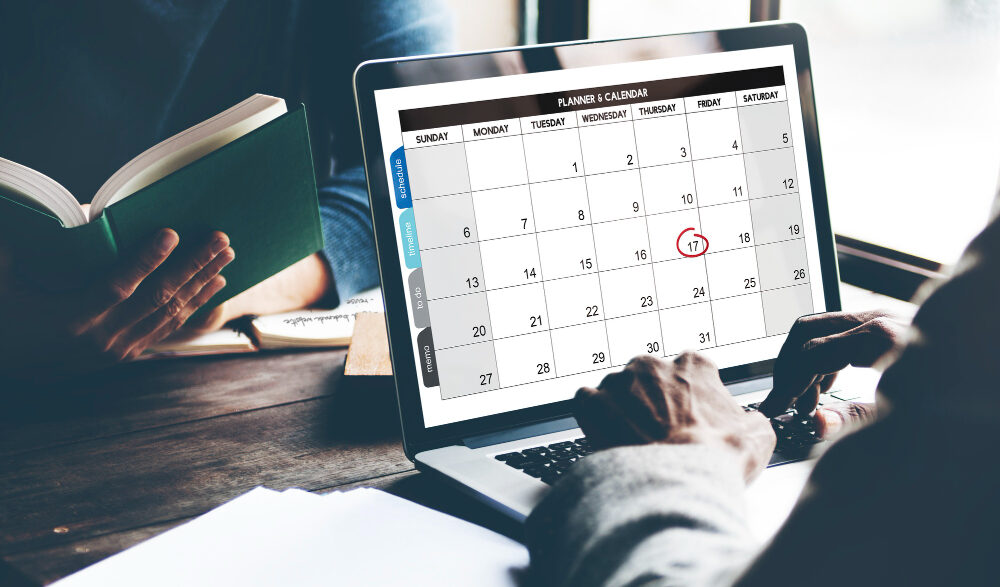 Calendário anual com marcações de feriados e dias úteis