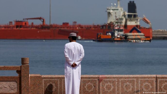 Navios cargueiros no Estreito de Ormuz durante crise geopolítica.