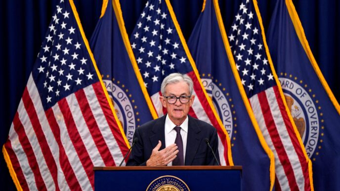 Jerome Powell em coletiva de imprensa do Federal Reserve