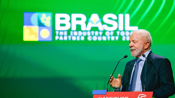 Presidente Lula durante discurso na Feira Industrial de Hannover, na Alemanha.