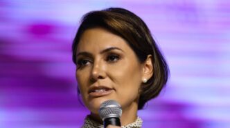Michelle Bolsonaro em evento político do Partido Liberal.