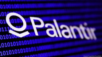 Sede da Palantir e representação de análise de dados.