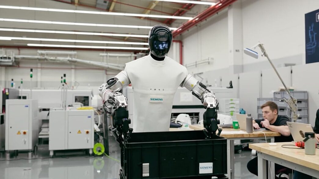 Robô humanoide operando em ambiente de fábrica da Siemens.