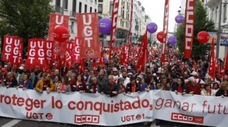 Líderes sindicais durante anúncio de mobilizações para o Primeiro de Maio na Espanha.
