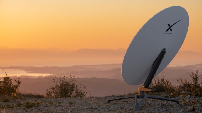 Antena da Starlink instalada em área rural para recepção de internet via satélite.