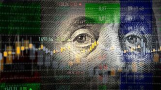 Gráfico de indicadores financeiros globais e movimentação de moedas.