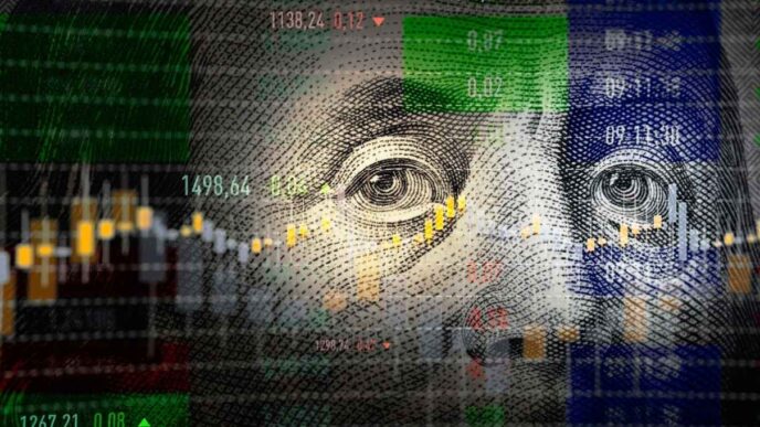 Gráfico de indicadores financeiros globais e movimentação de moedas.