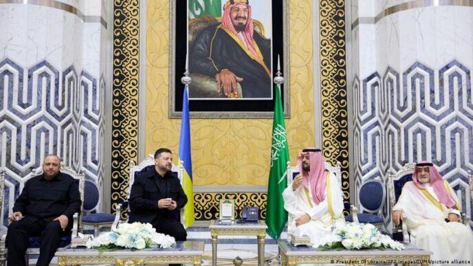 Presidente Volodymyr Zelenskyy em reunião diplomática na Arábia Saudita.